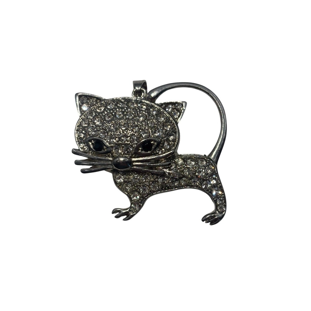 Vintage Silver Tone Sparkly Rhinestone Cute Kitten Kitty Cat Necklace Pendant